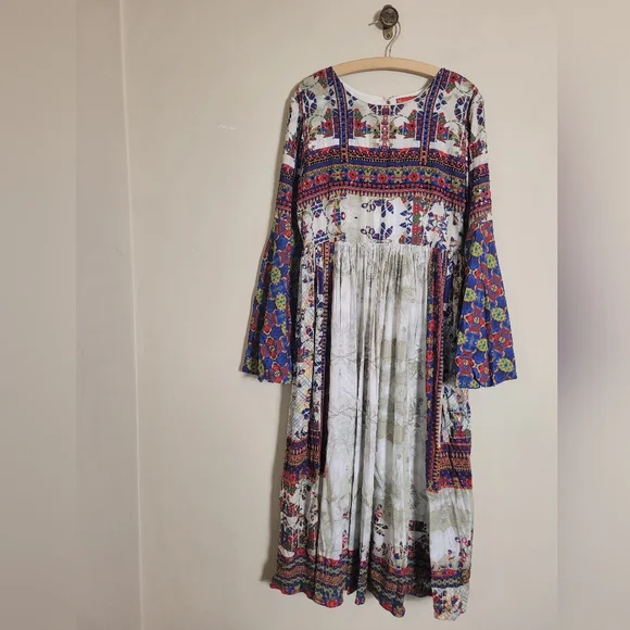 Anthropologie Bhanuni By Jyoti Sarah Printed Bell Sleeve dress Mediun - Picture 4 of 12